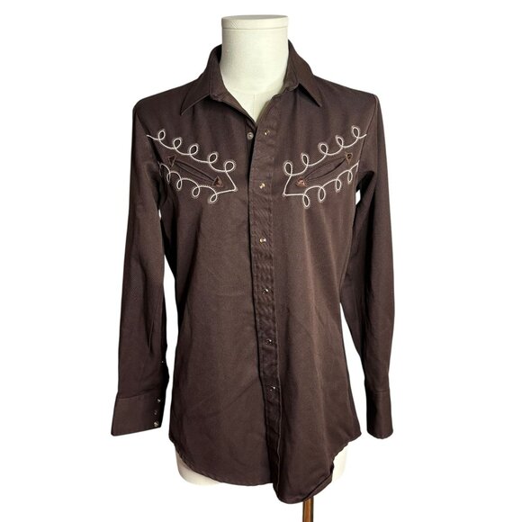 Vintage Karman Western Pearl Snap Shirt Brown Embroidered Long Sleeve Medium - Picture 1 of 6